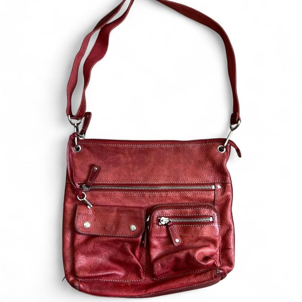 Fossil Red Pebbled Leather Multi Pocket Crossbody Messenger Travel Bag Medium